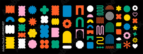 Abstract geometric shapes and icons. Brutal modern contemporary figure. Trendy set with shapes different style. Stylish Swiss design aesthetic.