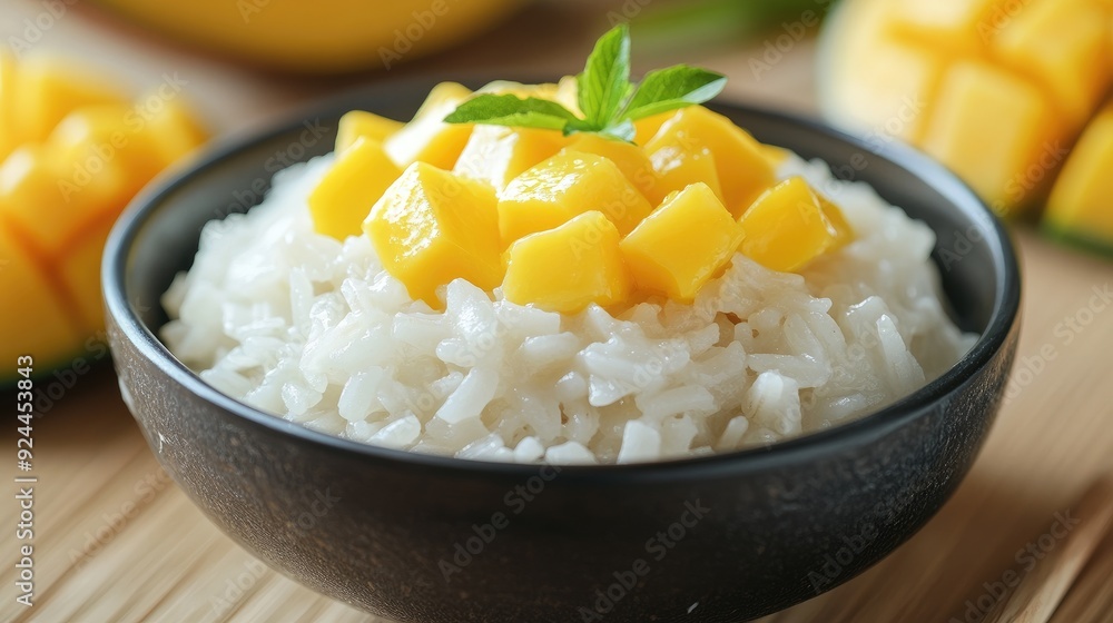 Thai mango sticky rice with coconut milk, a popular and refreshing dessert. Thai mango sticky rice with coconut milk, a popular and refreshing dessert.