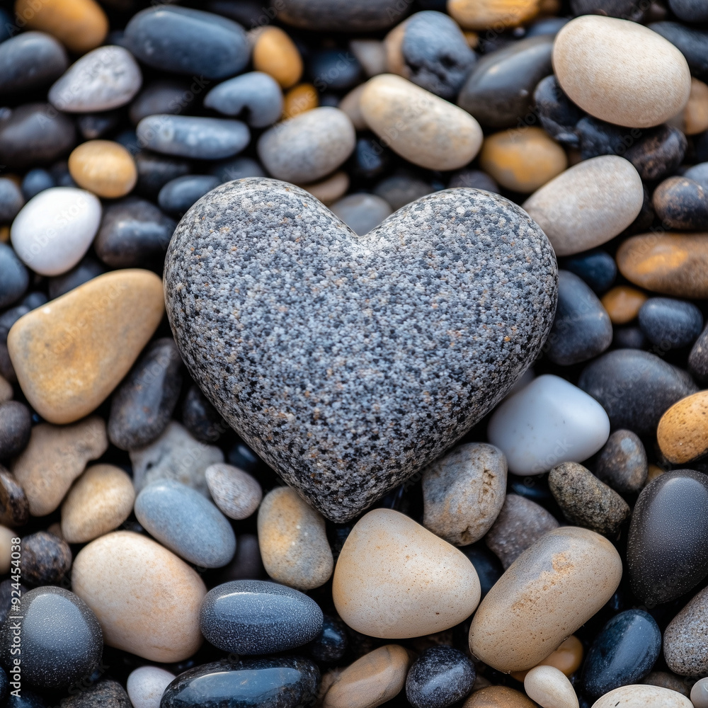 A smooth, gray heart-shaped stone lies among a variety of pebbles, showing a beautiful display of natural shapes and textures, offering a sense of tranquility and beauty in nature. A smooth, gray heart-shaped stone lies among a variety of pebbles, showing a beautiful display of natural shapes and textures, offering a sense of tranquility and beauty in nature.