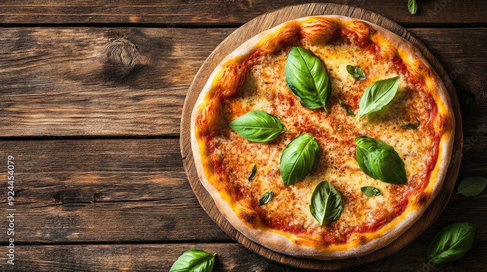 Top view of a delicious Italian pizza Margherita with fresh basil leaves, served on a rustic wooden table. Top view of a delicious Italian pizza Margherita with fresh basil leaves, served on a rustic wooden table.