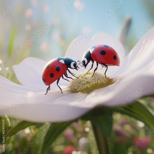 Two vivid red ladybugs, each with distinctive black spots, face each other on a white flower petal, symbolizing nature's beauty and the intimate world of insects. photo