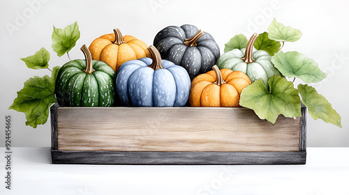 Watercolor illustration of colorful pumpkins in a wooden crate with leaves. Perfect for fall decor, greeting cards, and seasonal designs. photo