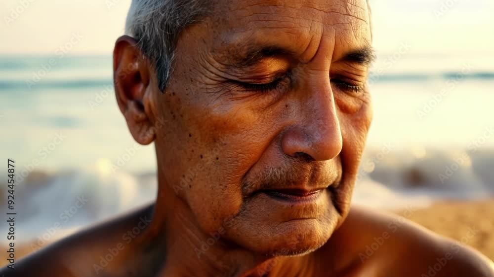 Elderly hispanic man is meditating on the beach with his eyes closed. The warm light of the setting sun illuminates his face Elderly hispanic man is meditating on the beach with his eyes closed. The warm light of the setting sun illuminates his face