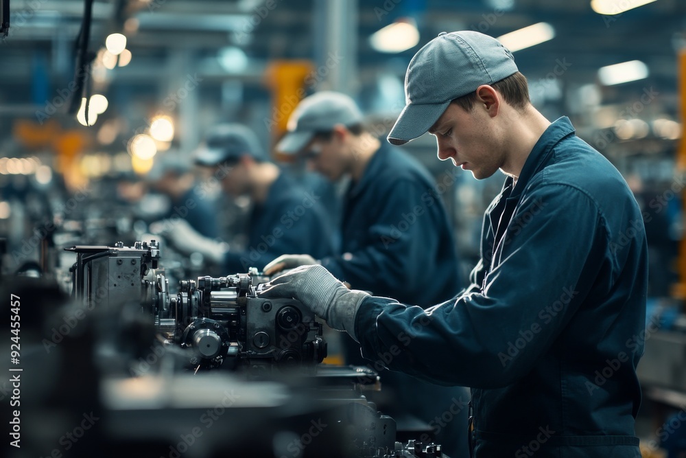 Photograph of factory workers performing various tasks, such as operating machinery or inspecting products. Capture their concentration and the industrial environment Photograph of factory workers performing various tasks, such as operating machinery or inspecting products. Capture their concentration and the industrial environment