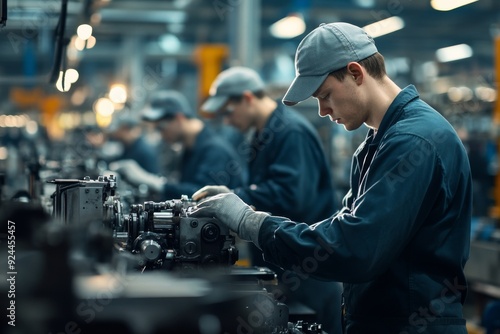 Photograph of factory workers performing various tasks, such as operating machinery or inspecting products. Capture their concentration and the industrial environment 