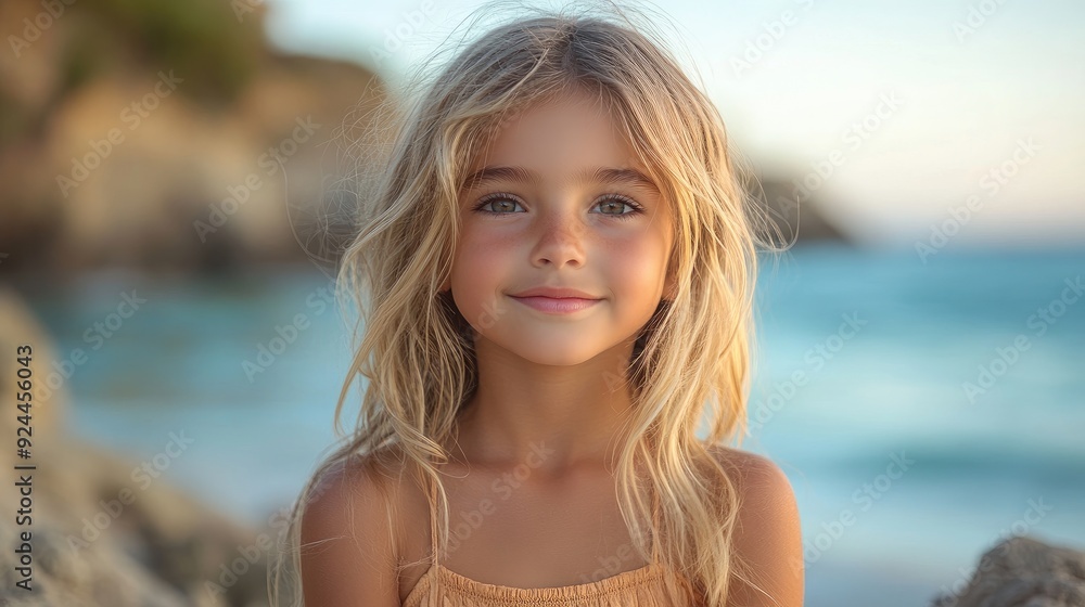 blonde girl in dress sitting on rocks by sea enjoying vacation concept of beach summer in Canary Islands with kids blonde girl in dress sitting on rocks by sea enjoying vacation concept of beach summer in Canary Islands with kids