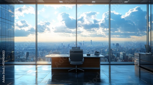 Futuristic Office Interior with Panoramic Cityscape View Through High-Rise Windows, Ultra-Realistic and High-Detail Design, Showcasing Modern Urban Architecture and Advanced Office Environment.