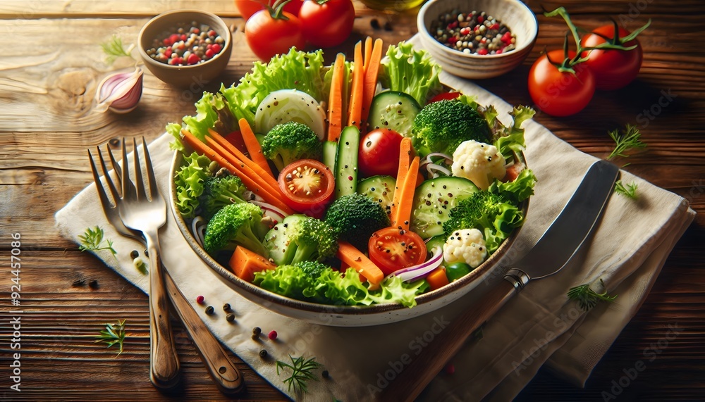 Fresh vegetable salad in a wooden bowl with tomatoes, cucumbers, and greens on a rustic table