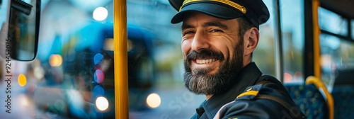 A joyful bus driver wearing a uniform and cap, smiling warmly while seated inside the bus, with another bus visible in the background. photo