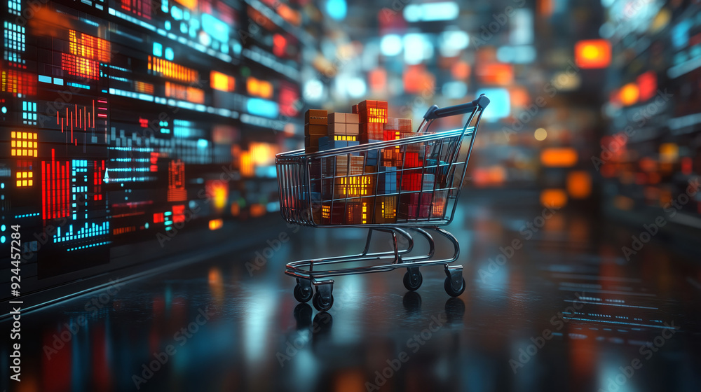 Gold bars in shopping cart, blue and orange background. online shop concept. Generative AI Gold bars in shopping cart, blue and orange background. online shop concept. Generative AI