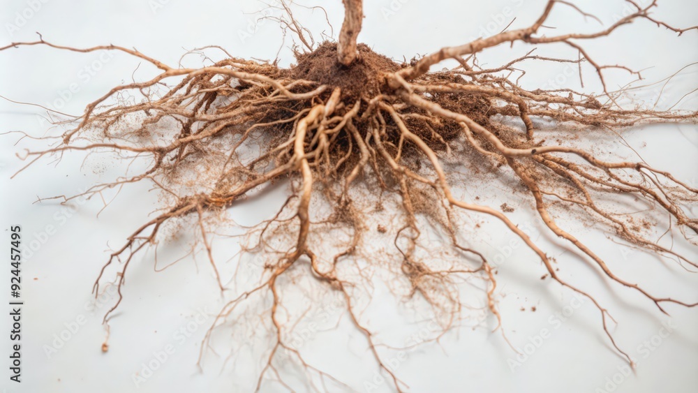 Fototapeta premium Close-up of a Root System with Attached Soil on a White Background