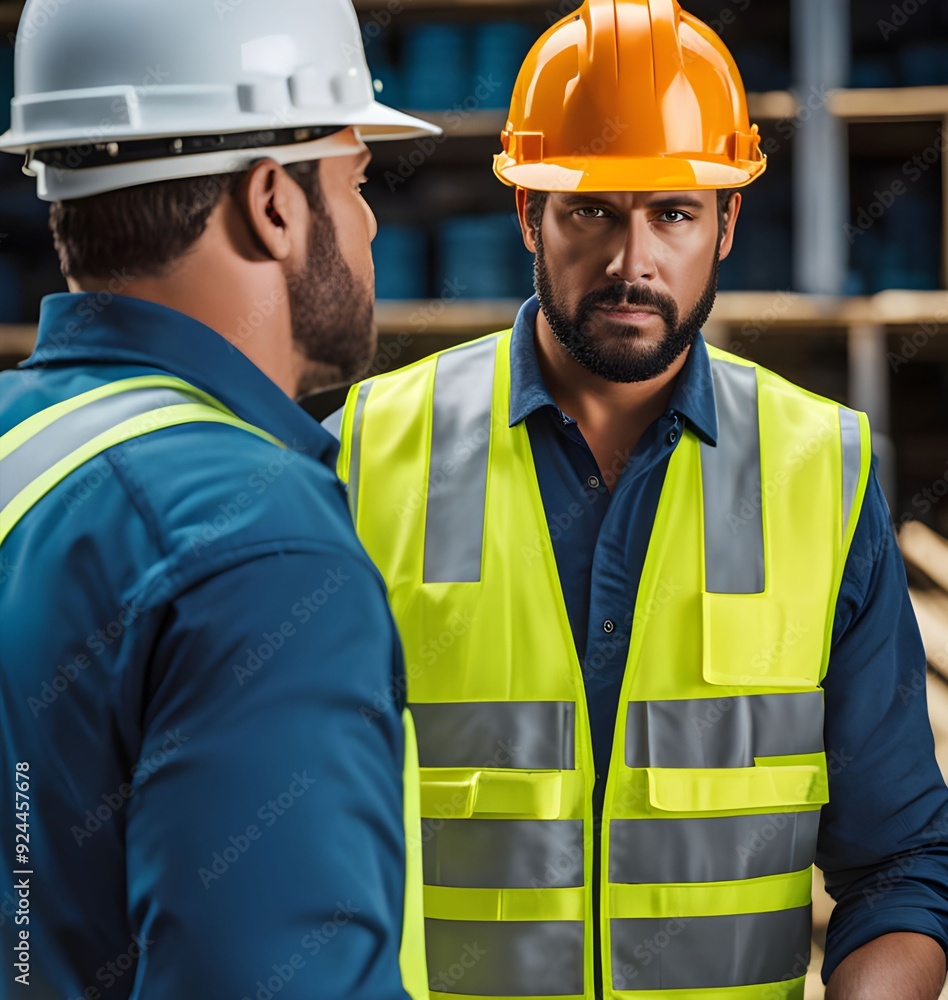 construction worker in warehouse wearing a helmet and hard hat, industrial site with safety gear and team of workers construction worker in warehouse wearing a helmet and hard hat, industrial site with safety gear and team of workers