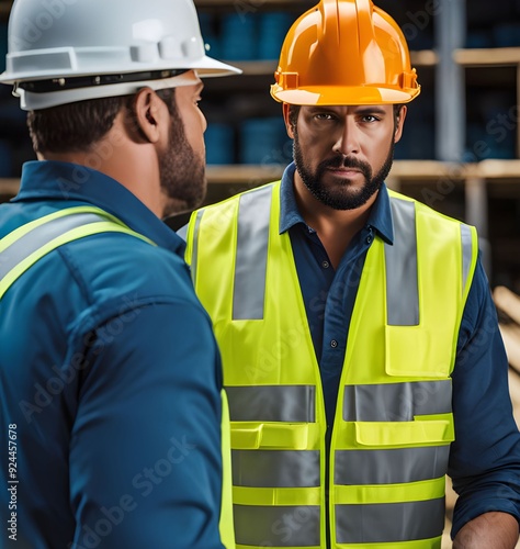 construction worker in warehouse wearing a helmet and hard hat, industrial site with safety gear and team of workers photo