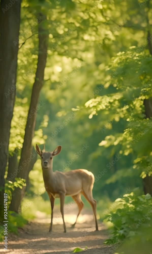 Forest Deer Encounter: Stroll through a quiet forest path and encounter a deer standing still, gazing directly at the camera before calmly walking away. Forest Deer Encounter: Stroll through a quiet forest path and encounter a deer standing still, gazing directly at the camera before calmly walking away.