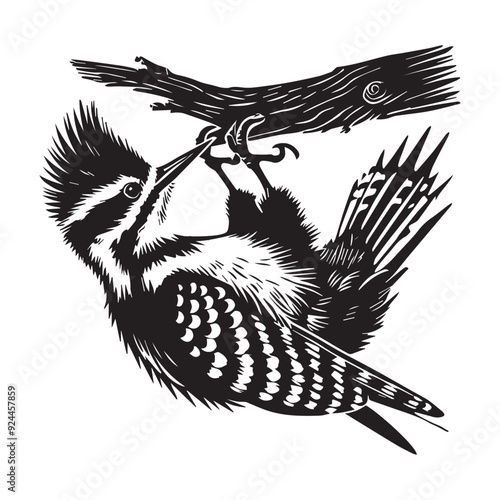 Hairy Woodpecker silhouette, Woodpecker  Bird Clipart, Hairy Woodpecker Hanging upside down illustration 