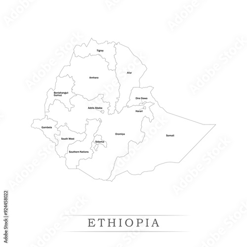 Administrative regions of ETHIOPIA. Province, state, division name with white map with black outline. Vector illustration	