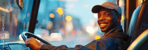 A friendly bus driver wearing a cap, smiling warmly while maneuvering the bus through the city streets in the evening, under city lights. photo