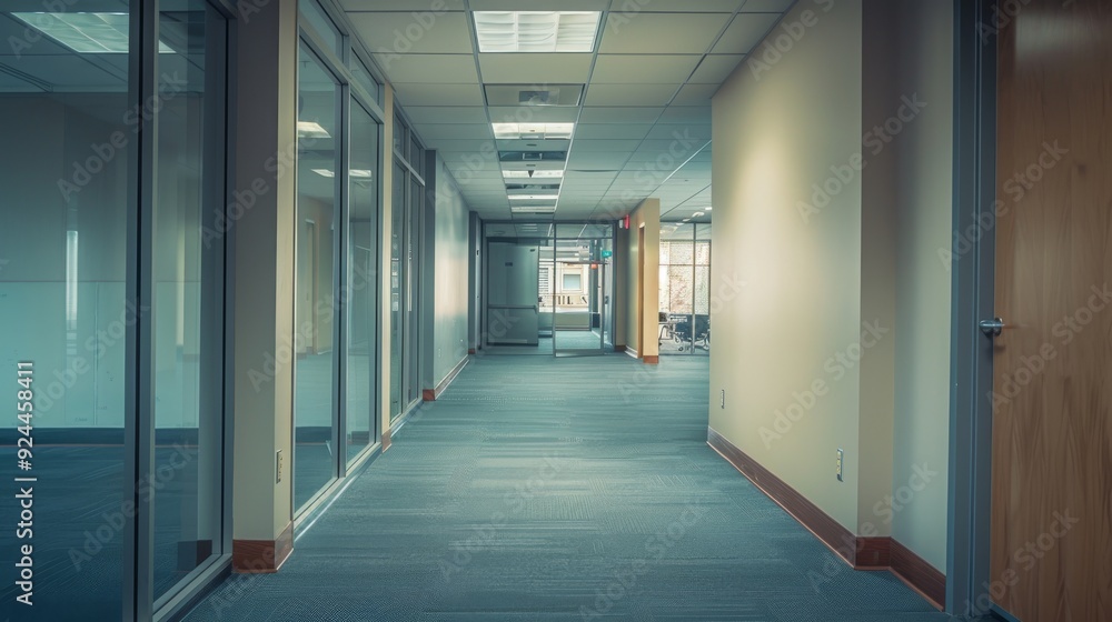 Modern Office Hallway Interior Design with Glass Doors and Carpeted Floor Modern Office Hallway Interior Design with Glass Doors and Carpeted Floor