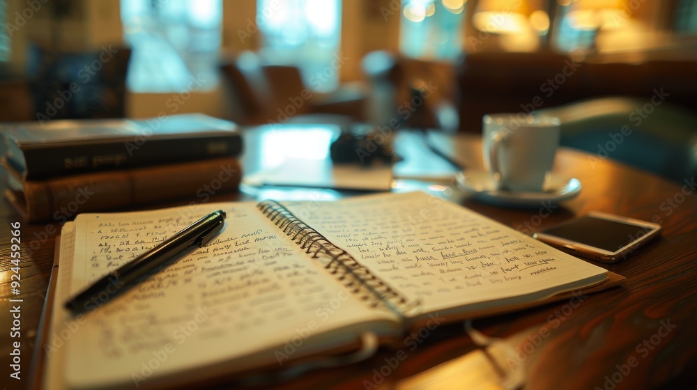 Cozy Cafe Setup: Notebook, Pen, and a Cup of Coffee Cozy Cafe Setup: Notebook, Pen, and a Cup of Coffee