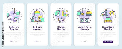 House cleaning onboarding mobile app screen. Professional service. Walkthrough 5 steps editable graphic instructions with linear concepts. UI, UX, GUI template. Montserrat SemiBold, Regular fonts used
