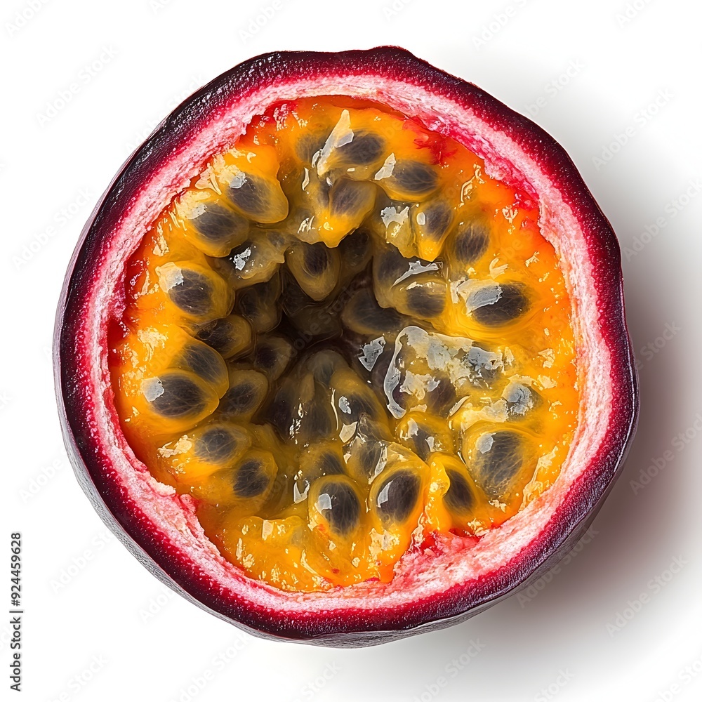 Halved Passion Fruit Showing Deep Orange Pulp and Seeds on White Background Halved Passion Fruit Showing Deep Orange Pulp and Seeds on White Background