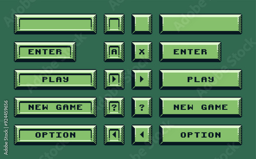 Button, game boy interface, pixel art design, play, option, retro 80s console gaming app, video game, flat style, old school computer graphic design, 8-bit sprite, game assets, vector illustration.