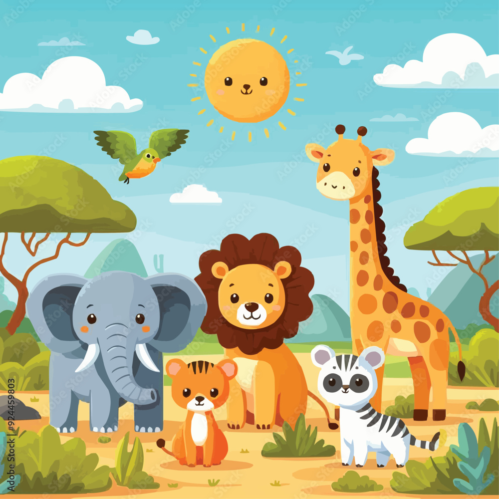Obraz premium Cute African Animals Stand among the Savannahs Flat vector illustration