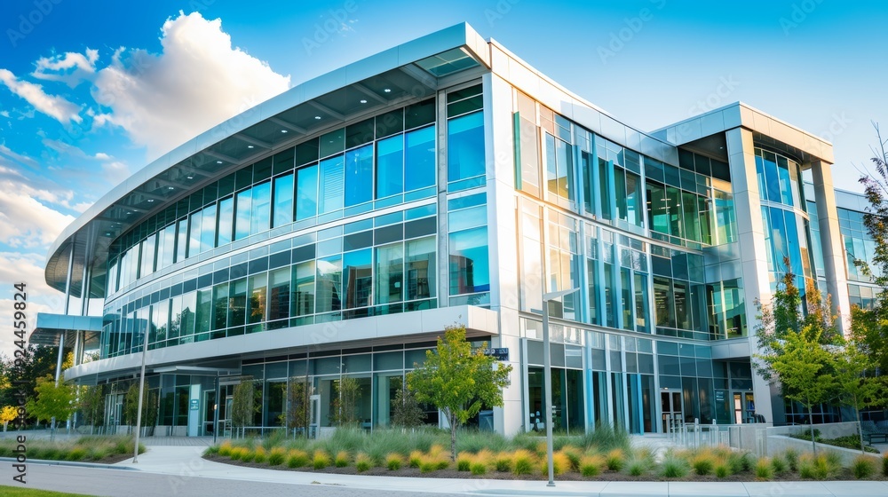 Obraz premium Modern Office Building with Glass Facade and Blue Sky