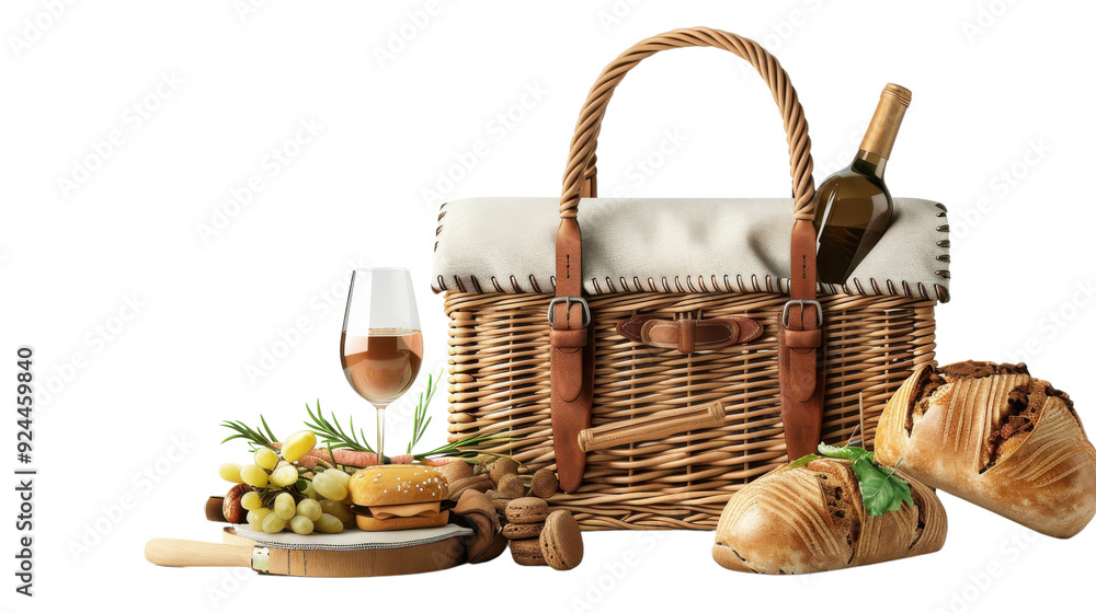 Picnic basket with various foods, including wine, grapes, bread, cheese, and sandwich on white background. Picnic basket with various foods, including wine, grapes, bread, cheese, and sandwich on white background.