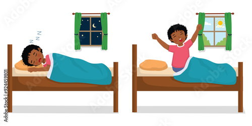 Cute little African boy sleeping in the bed at night and wake up in the morning