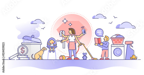 Busy mom daily routine with home multitasking duties and work outline concept, transparent background. Task management from parenting.