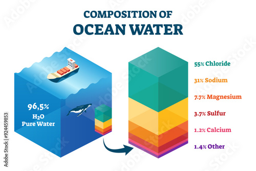 Composition of ocean water illustration, transparent background. Labeled structural educational scheme with cross section percentage graphic. Sea liquid mixture chemical description with chloride.