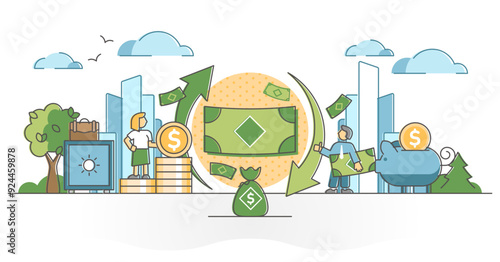 Cash flow as money movement and economical finance turnover outline concept, transparent background. Company profit with payments, savings and expenses budget illustration.