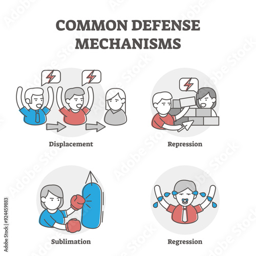 Common defense mechanisms examples, transparent background. Outline illustrations with persons and various emotional response ways. Personal expression and impulses in people relationships.