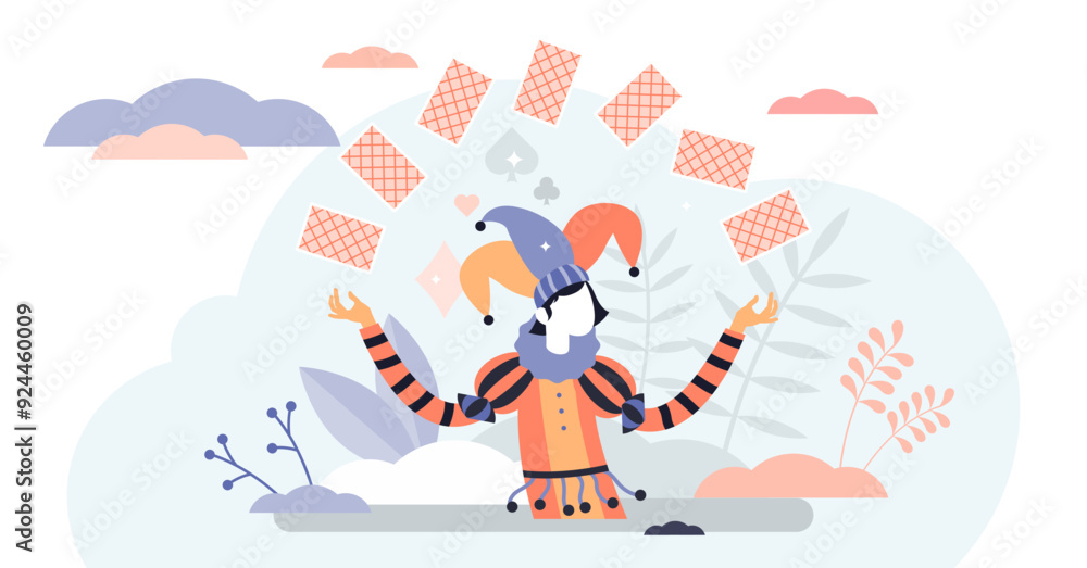 Fototapeta premium Jocker card game character concept, flat tiny person illustration, transparent background. Abstract life and business risk taking symbol. Tricky fortune promising person.