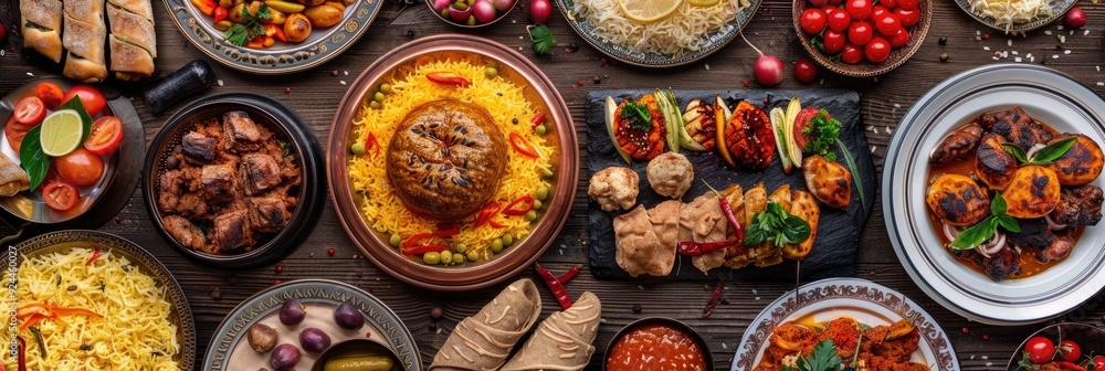 Top View of a Festive Celebration Featuring a Beautifully Arranged Dinner Table with Delicious Dishes Top View of a Festive Celebration Featuring a Beautifully Arranged Dinner Table with Delicious Dishes