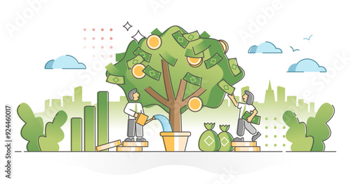 Investment profit tree as success money income and earnings outline concept, transparent background. Business with dollar funding and economical payback as cash harvest from plant illustration.