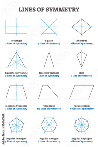 Lines of symmetry guide, illustration collection, transparent background. Geometry example set with shapes, centers and division line axis. Study cheat sheet.