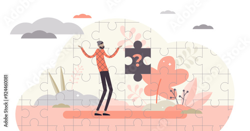 Missing piece concept, flat tiny confused person illustration, transparent background.Solving unknown question and searching solution for the problem.Business.