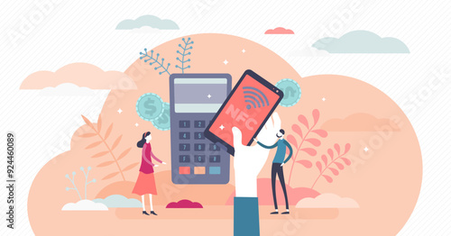 NFC mobile payment technology concept, tiny person illustration, transparent background. Hand with a mobile phone and processing transaction near merchant terminal. Abstract commerce scene.