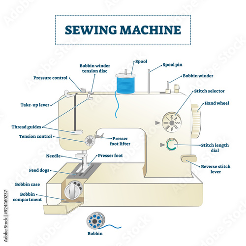 Sewing machine illustration, transparent background. Labeled educational structure diagram with part names. Domestic and industrial device for textile fashion handmade work.