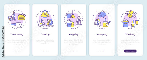 Methods of cleaning onboarding mobile app screen. Walkthrough 5 steps editable graphic instructions with linear concepts. UI, UX, GUI template. Montserrat SemiBold, Regular fonts used