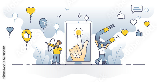 Audience engagement with marketing content in social media outline concept, transparent background. Advertisement campaign with users influence magnet as like, share.