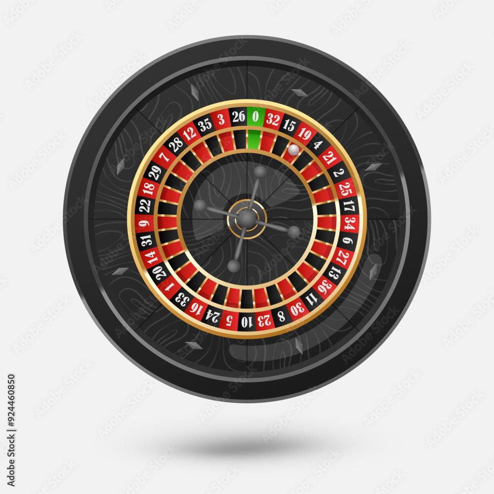 Black casino roulette wheel with wood desk on white background with golden light, rays, glare, sparkles. Vector illustration for casino, game design, advertising Black casino roulette wheel with wood desk on white background with golden light, rays, glare, sparkles. Vector illustration for casino, game design, advertising
