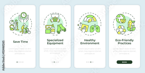 Benefits of cleaning service onboarding mobile app screen. Walkthrough 4 steps editable graphic instructions with linear concepts. UI, UX, GUI template. Montserrat SemiBold, Regular fonts used