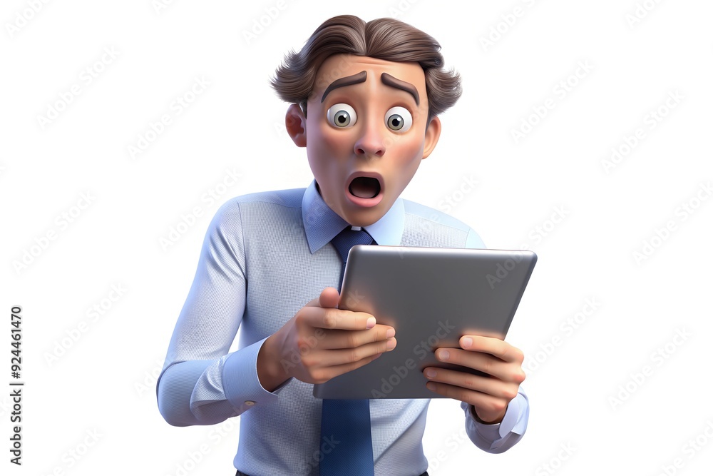 Shocked Cartoon Man Looking at Tablet Shocked Cartoon Man Looking at Tablet