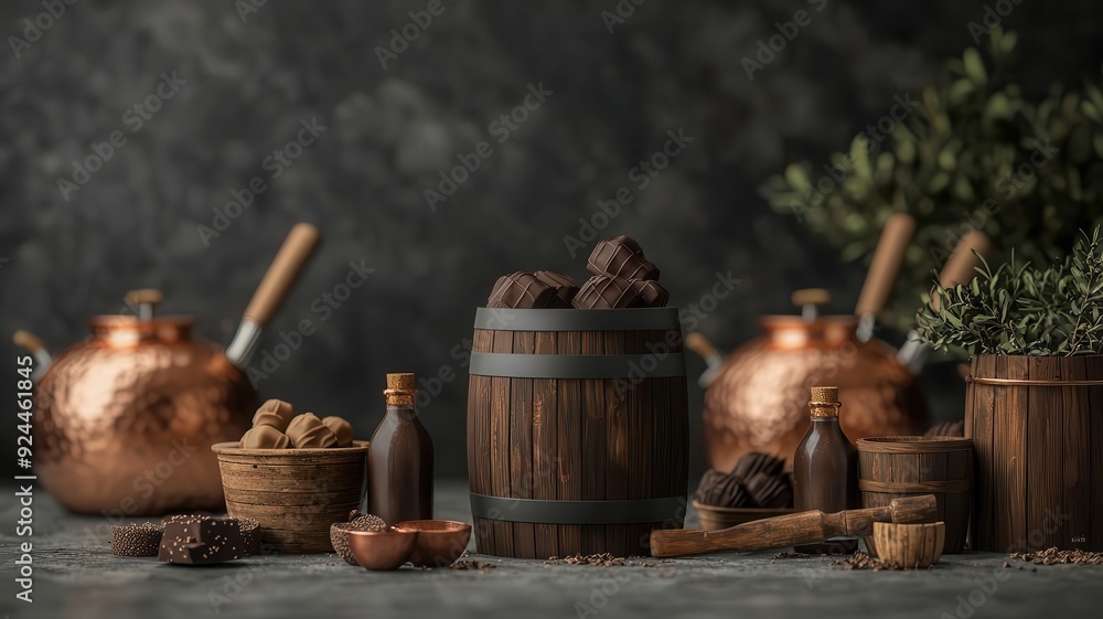 A small-batch chocolate factory with copper kettles and wooden tools, showing an artisanal approach with rustic details, photo-realistic, old-world chocolate craftsmanship A small-batch chocolate factory with copper kettles and wooden tools, showing an artisanal approach with rustic details, photo-realistic, old-world chocolate craftsmanship