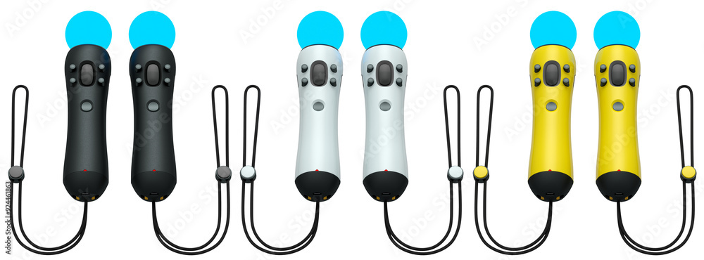Virtual reality controllers for online and cloud gaming isolated on white background with clipping path. 3D rendering of device for augmented reality or VR Virtual reality controllers for online and cloud gaming isolated on white background with clipping path. 3D rendering of device for augmented reality or VR
