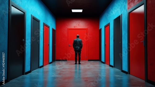 A person stands in a colorful hallway, surrounded by various doors, evoking a sense of decision-making and mystery.