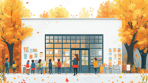 A teacher welcoming students into a warmly decorated classroom, fall colors visible through the windows, flat vector illustration in high resolution. photo